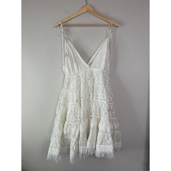 Rococo Sand Fil Coupe Tiered Eyelets Metallic Lace Mini Dress White Size: XS - Picture 8 of 9